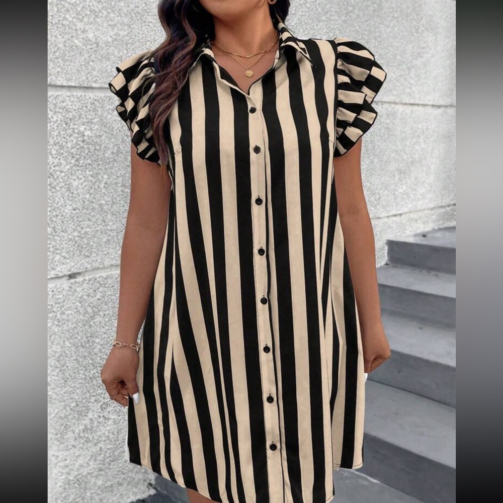 Women's Summer Cap Sleeve Striped Single-Breasted Casual Shirt Dress